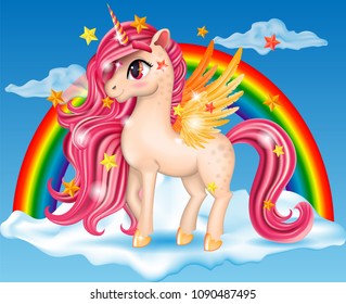 3D Pony Unicorn with Pink Jewel, Big Eyes and Golden Wings, Hooves on the Cloud with Rainbow, Multicolor, Long Hair (Mane, Tail), Striped Horn, Cartoon Character Hand Drawn Vector Illustration