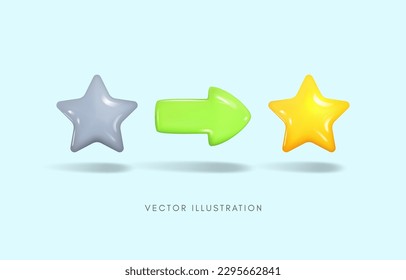 3D poor quality star turning to be quality star, quality development, improving quality of product and service, increasing custormer satisfaction concept, Vector illustration.