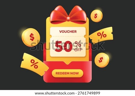 3d pop up banner voucher with red ribbon and money flying.