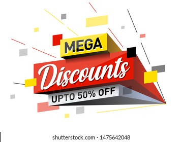 3D pop out Mega Discount Sale Logo design, Banner, Sticker, Concept, Card, Template, Icon, Poster, Unit, Label, Web Header, Mnemonic with rays on white background. Upto 50% off - Vector, Illustrations