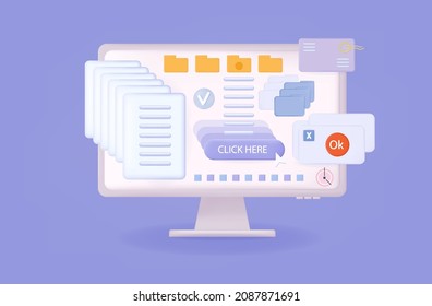 3d pop up window computer. Data failure or connection problem. Repetitive pop-ups, message or warning about a virus or bug. Computer screen notification. User interface with documents. Vector