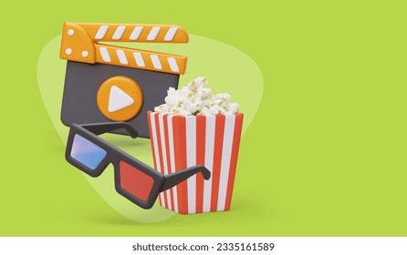 3D popcorn bucket, clapperboard, anaglyph glasses. Convenient movie viewing with snacks. Commercial horizontal poster on green background. Concept for cinemas, rental studios, online resources