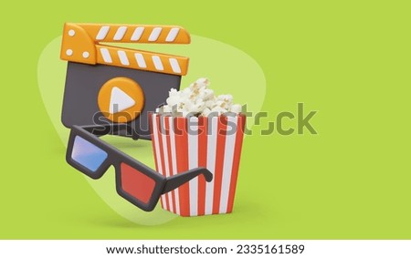 3D popcorn bucket, clapperboard, anaglyph glasses. Convenient movie viewing with snacks. Commercial horizontal poster on green background. Concept for cinemas, rental studios, online resources