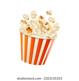 3d popcorn icon. Realistic salted and sweet popcorn grains and fluffy pieces. Pop corn vector render object. Cinema, movie, film, food, theater 3D render illustration