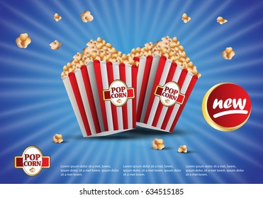 3D popcorn isolated on the blue striped background.For web site,ads,poster,placard and promotion material.Also useful for banner,marketing on social network and blog advert