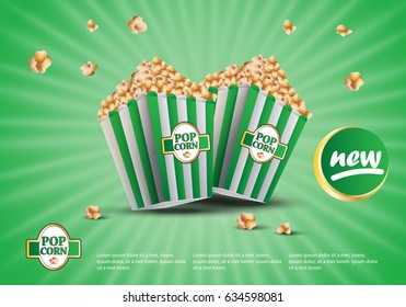 3D popcorn isolated on green striped background.For web site,ads,poster,placard and promotion material.Also useful for flyer,banner,marketing on social network and blog advert