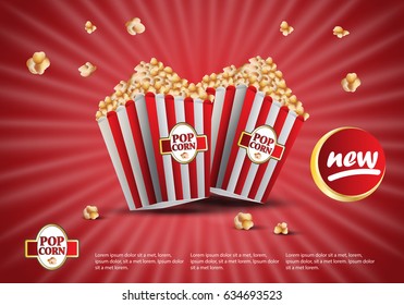 3D popcorn isolated on red striped background.For web site,ads,poster,placard and promotion material.Also useful for flyer,banner,marketing on social network and blog advert