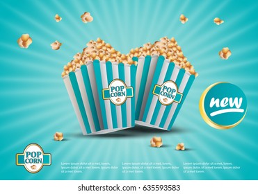 3D popcorn isolated on turquoise striped background.For web site,ads,poster,placard and promotion material.Also useful for banner,marketing on social network and blog advert