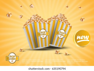 3D popcorn isolated on the yellow striped background.For web site,ads,poster,placard and promotion material.Also useful for banner,marketing on social network and blog advert