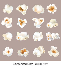 3d popcorn shrimps set. Isolated popcorn slices. Vector object. Tasty popcorn of various  interesting forms.