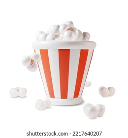 3d Popcorn in Striped Paper Box Plasticine Cartoon Style. Vector illustration of Bucket with Pop Corn