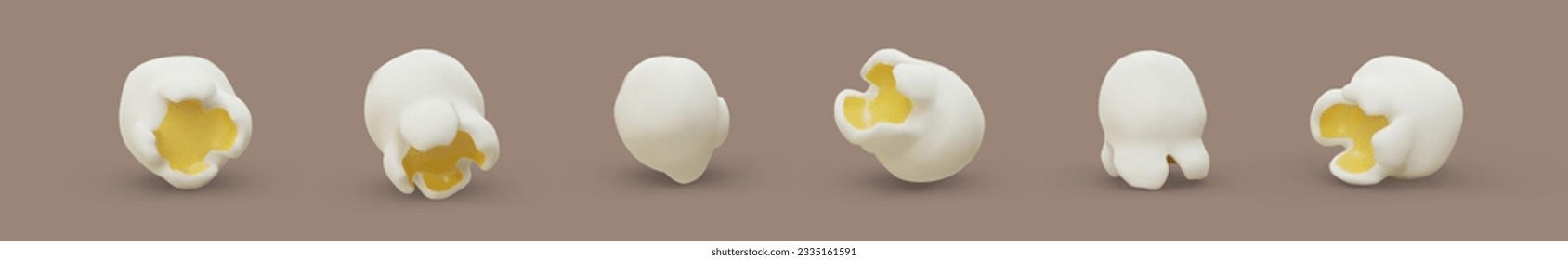 3D popped popcorn kernels. Set of vector images from different sides. Color realistic illustrations with shadows. Fluffy popcorn set. Template for cinema design. Advertisement of classic snacks