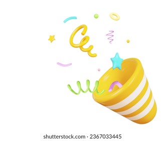 3d popper with colorful party confetti on isolated background. Holiday Festival Design for Greeting Card, Invitation or Poster. Celebration and Party.Surprise Banner. Stock vector illustration.