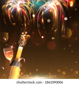 3D Popping Champagne Bottle With Wineglass On Bronze Fireworks Background.