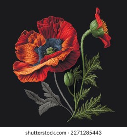 3d Poppy. Tapestry red poppy flower, buds, leaves pattern. Embroidery floral vector background illustration with beautiful stitch textured red poppies. Surface stitching texture.