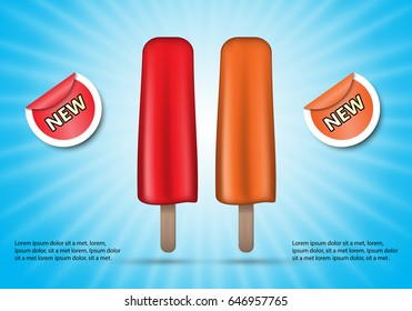 3D popsicle isolated on blue striped background.For web site,ads,poster,placard and promotion material.Also useful for flyer,banner,marketing on social network and blog advert