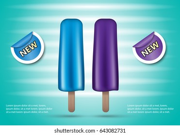 3D popsicle isolated on turquoise striped background.For web site,ads,poster,placard and promotion material.Also useful for flyer,banner,marketing on social network and blog advert