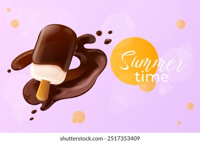 Afiche de paletas 3D. Helado realista en el Anuncio del anuncio del palillo, promoción de la publicidad del sabor del helado del esquimal, comida sabrosa del postre de la leche congelada del verano, Ilustración vectorial exacta del render