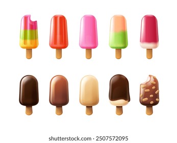 3d popsicles. Ice lolly or icecream on stick colorful popsicles fruit juice or chocolate cream, cool frozen lollipop summer candy food, realistic render exact vector illustration original artwork