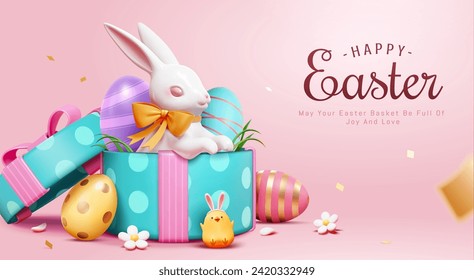 3D Porcelain Easter rabbit and painted eggs in gift box on light pink background.