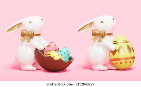 3d porcelain white rabbit decoration collection. Easter holiday decor elements isolated on pink background. - Shutterstock ID 2132848229