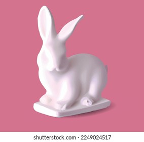 3d porcelain white rabbit decoration. Easter holiday decor elements isolated on pink background. vector.