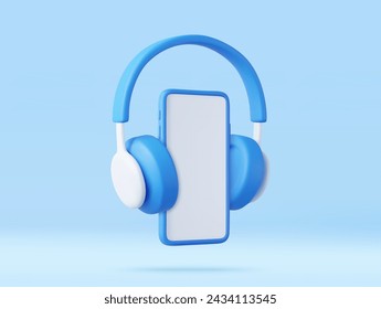 3d Portable headphones with phone. listening to music through the app. Concept banner design for music streaming service. 3d rendering. Vector illustration