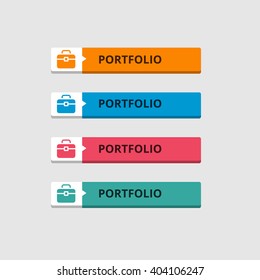 3d Portfolio Button set with icons. beautiful text button. Orange Button, Blue Button, Red Button, Turquoise button. Call to action icon button. Flat Button Set. Vector Illustration