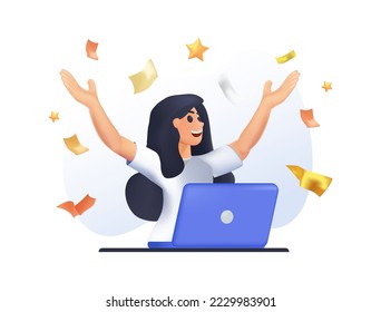 3D Portrait of an excited young girl with laptop computer and celebrating success isolated over white background, 3D render Vector Illustration cartoon style. Celebrating, online birthday conference