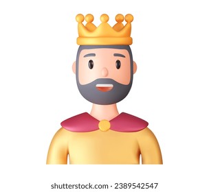 3d portraits of happy king and queen with gold crown on a white background. Cartoon characters woman and man, vector illustration.