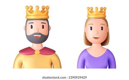 Retratos 3d de rey y reina feliz con corona dorada sobre fondo blanco. Personajes de dibujos animados hombre y mujer, ilustración vectorial.