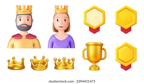3d portraits of happy king and queen with gold crown on a white background. Cartoon characters woman and man, vector illustration. svg