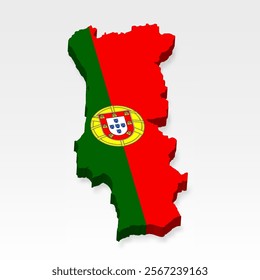 3D  Portugal map with flag. Three dimensional map of Portugal with shadow. Flag Portuguese Republic on white background for your design, app, UI.  Stock vector. EPS10. 