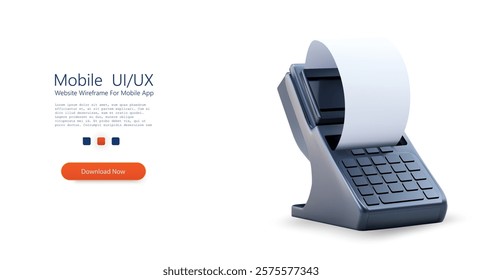 3D POS terminal bank payment  with a built-in printer is producing a receipt, displaying numbers and calculations, while placed on a clean office desk under bright light. Vector illustration