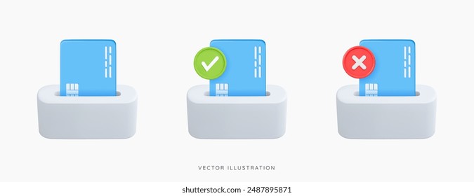 3D Pos terminal with blue credit card, green check mark and red cross sign. Successful payment. Declined transaction. Withdrawing cash from ATM. Cartoon design icon set. 3D Vector illustration