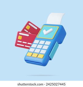 3d Pos terminal with receipt and credit card. Pos terminal payment concept. online shopping, electronic bill payment, Money transactions online. 3d rendering. Vector illustration