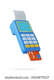 Terminal Pos 3d con recibo y tarjeta de crédito. Concepto de pago de terminal de correos. compras en línea, pago de facturas electrónicas, transacciones de dinero en línea. renderizado 3d. Ilustración de vector