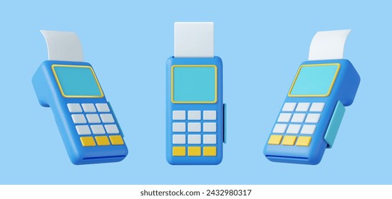 3d Pos terminal with receipt. Pos terminal payment concept. online shopping, electronic bill payment, Money transactions online.3d rendering. Vector illustration