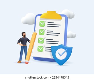 3D positive business man with a giant pencil in his hand nearby marked checklist on a clipboard paper. Successful completion of business tasks. 3D render vector illustration