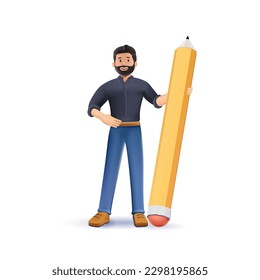 3D positive business man with a giant pencil in his hand. Man holds big pencil. Confident male guy writer or content manager stands with pen. Copywriting and blogging concept. 3D render Vector