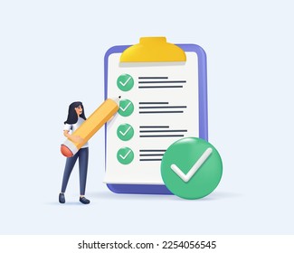 3D Positive business woman with pencil in hands nearby marked checklist on a clipboard paper. Successful completion of business tasks. 3D render vector illustration