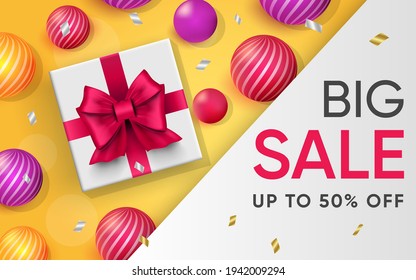 3d poster of Big Sale up to 50 percent off realistic design. Discount prices profitable offer website background. Attract new customers, loyalty program. Vector illustration of advertising web banner
