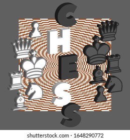 3d poster black and white chess pieces with the inscription on the background of a staggered abstraction