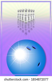 3d poster is dedicated to the game and sport of bowling. In the foreground is a ball and radiant glow. Seven skittles with reflection in a frame on a light purple background with rays. EPS10
