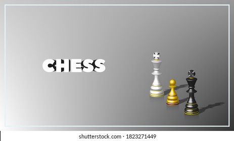 3d poster dedicated to the intellectual game Chess. Black and white kings with golden pawn with shadows and reflection on light gray background. EPS10