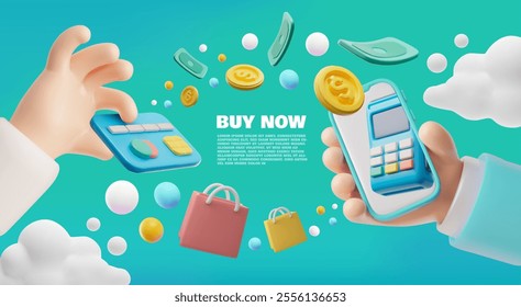 A 3D poster of electronic payment options using a card and a mobile phone. The concept of a secure transaction using online payment on a blue background