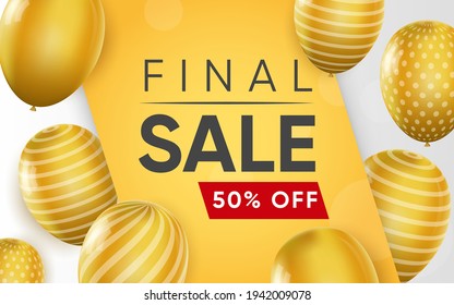 3d poster of Final Sale to 50 percent off discount prices with yellow balloons in realistic design. Special offer website background. Shopping, retail. Vector illustration of advertising web banner