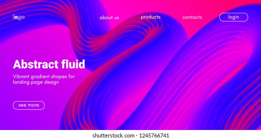 3d Poster with Fluid Shape. Landing Page Template. Abstract Futuristic Vector Background. Wave Music Poster Concept with Neon Pink and Blue Colors. Modern Website Design. Trendy Dynamic Color Poster.