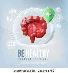 3D poster with human gastrointestinal tract icon in protective dome, with vitamins and green shield. Medical educational leaflet. Treatment, health, recovery. Healthcare. Vector illustration.