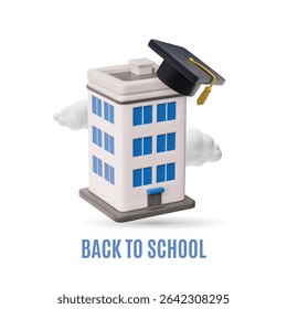 3D poster illustration with school building, graduate hat and clouds. Back to school concept. Education. Vector illustration. Cartoon style. Iridescent background. For advertisements.